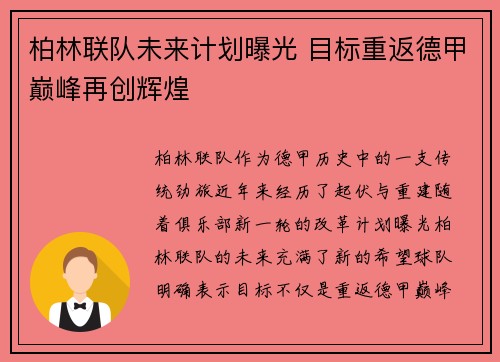 柏林联队未来计划曝光 目标重返德甲巅峰再创辉煌
